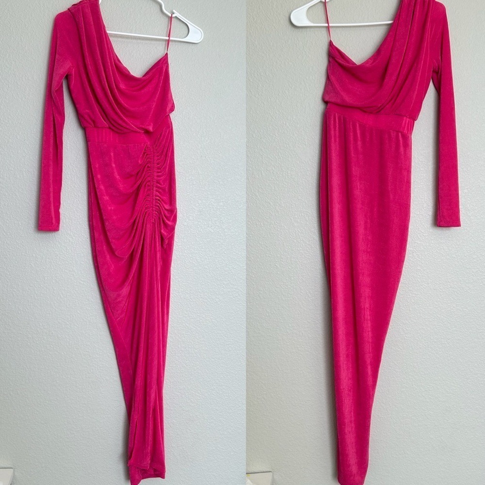 Showpo One Sleeve Ruched Long Dress Pink Gown‎ High Slit SD21060014 Womens 2